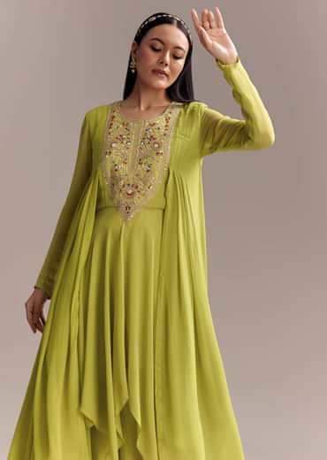 Mehendi Green Georgette Indo Western Kurta And Palazzo Set With Embroidery