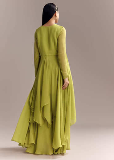 Mehendi Green Georgette Indo Western Kurta And Palazzo Set With Embroidery