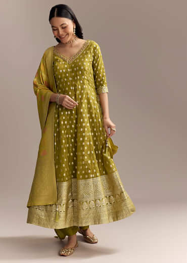 Mehendi Green Jacquard Anarkali Suit With Woven Brocade Dupatta