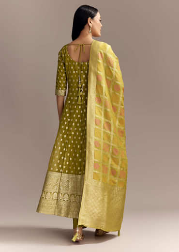 Mehendi Green Jacquard Anarkali Suit With Woven Brocade Dupatta