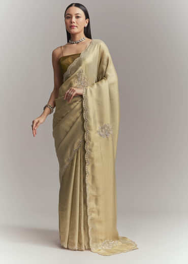 Mehendi Green Jacquard Tissue Embroidered Saree With Heavy Embroidery