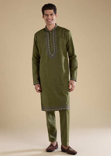 Mehendi Green Linen Straight Mens Kurta and Pant Set