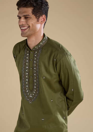 Mehendi Green Linen Straight Mens Kurta and Pant Set