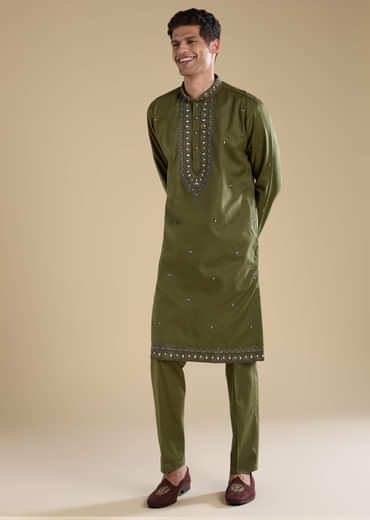 Mehendi Green Linen Straight Mens Kurta and Pant Set