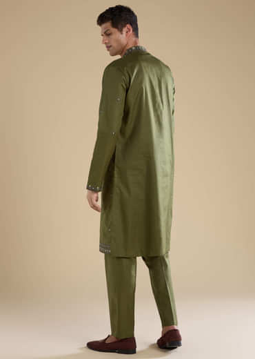 Mehendi Green Linen Straight Mens Kurta and Pant Set