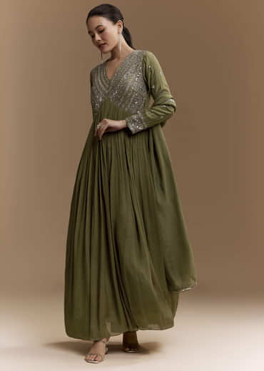 Mehendi Green Mirror Work Anarkali with Dupatta