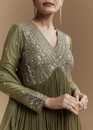 Mehendi Green Mirror Work Anarkali with Dupatta