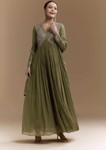 Mehendi Green Mirror Work Anarkali with Dupatta