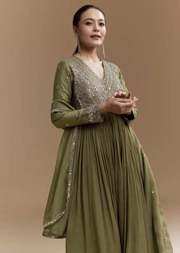 Mehendi Green Mirror Work Anarkali with Dupatta