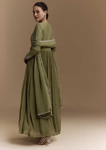 Mehendi Green Mirror Work Anarkali with Dupatta