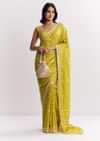 Mehendi Green Muslin Ajrakh Printed Saree With Gota And Mirror Work