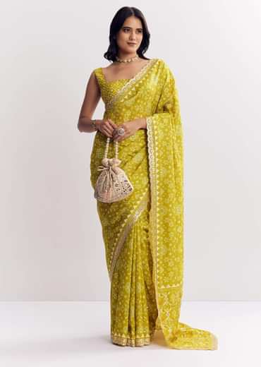 Mehendi Green Muslin Ajrakh Printed Saree With Gota And Mirror Work
