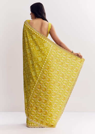 Mehendi Green Muslin Ajrakh Printed Saree With Gota And Mirror Work