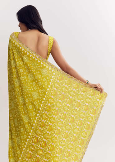 Mehendi Green Muslin Ajrakh Printed Saree With Gota And Mirror Work