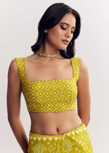 Mehendi Green Muslin Ajrakh Printed Saree With Gota And Mirror Work