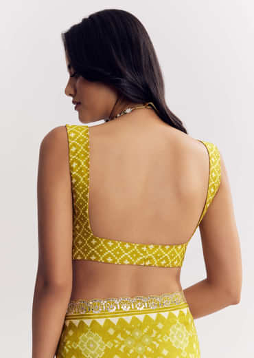 Mehendi Green Muslin Ajrakh Printed Saree With Gota And Mirror Work