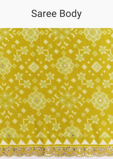 Mehendi Green Muslin Ajrakh Printed Saree With Gota And Mirror Work