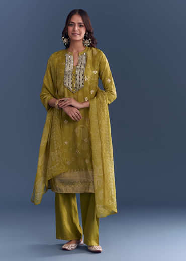 Mehendi Green Organza Kurta Set With Paisley Print And Hand Work