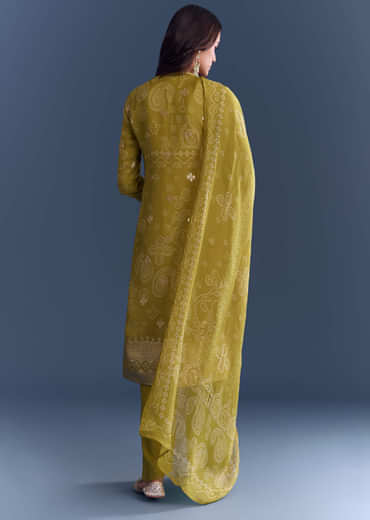 Mehendi Green Organza Kurta Set With Paisley Print And Hand Work