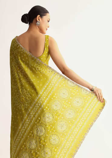 Mehendi Green Patola Printed Georgette Saree With Scallop Border