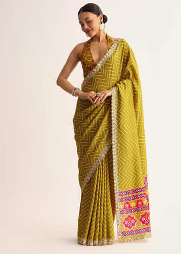 Mehendi Green Patola Printed Satin Saree With Scallop Embroidered Border