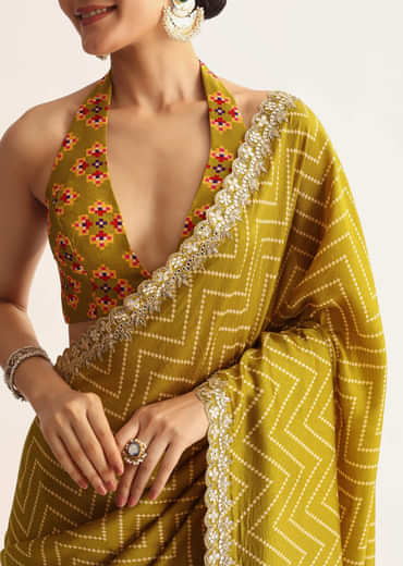 Mehendi Green Patola Printed Satin Saree With Scallop Embroidered Border