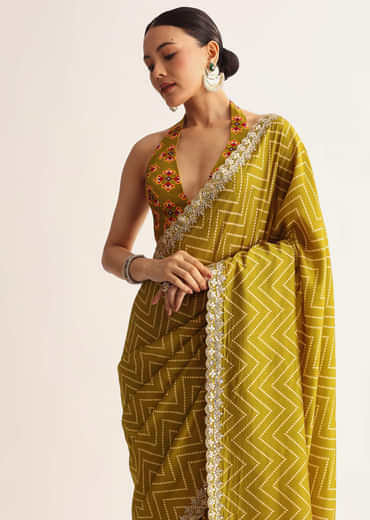 Mehendi Green Patola Printed Satin Saree With Scallop Embroidered Border