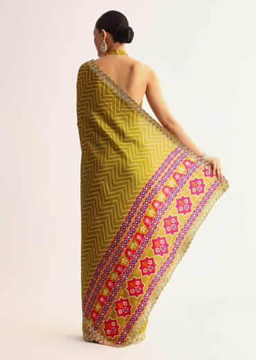 Mehendi Green Patola Printed Satin Saree With Scallop Embroidered Border