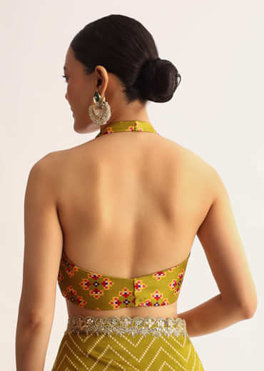 Mehendi Green Patola Printed Satin Saree With Scallop Embroidered Border