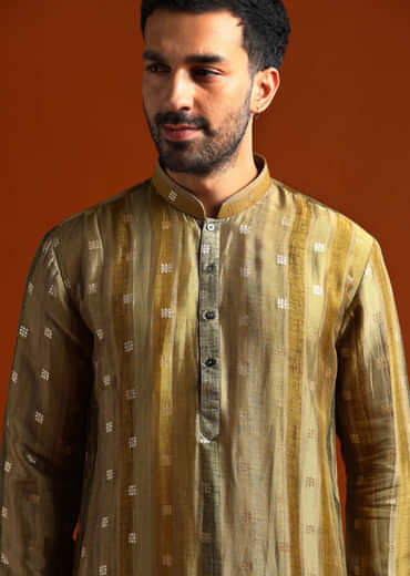 Mehendi Green Silk Kurta Set For Men With Zari Embroidery