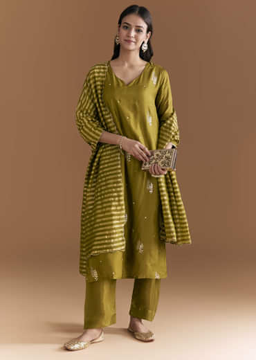Mehendi Green Silk Kurta Set With Zari And Gota Work