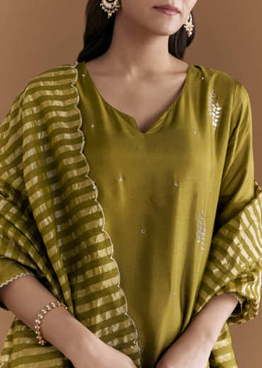 Mehendi Green Silk Kurta Set With Zari And Gota Work