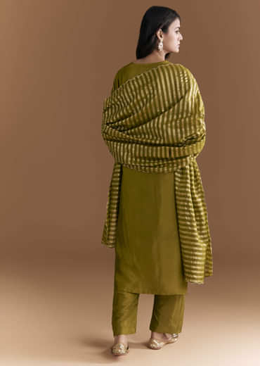 Mehendi Green Silk Kurta Set With Zari And Gota Work