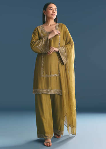 Mehendi Green Silk Sequin Kurta Palazzo Suit
