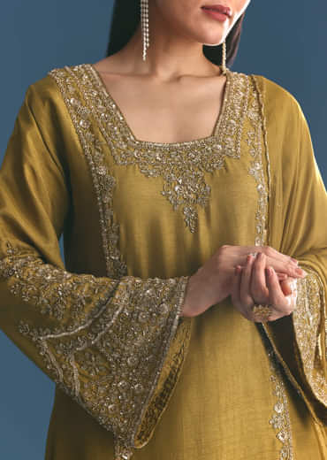 Mehendi Green Silk Sequin Kurta Palazzo Suit