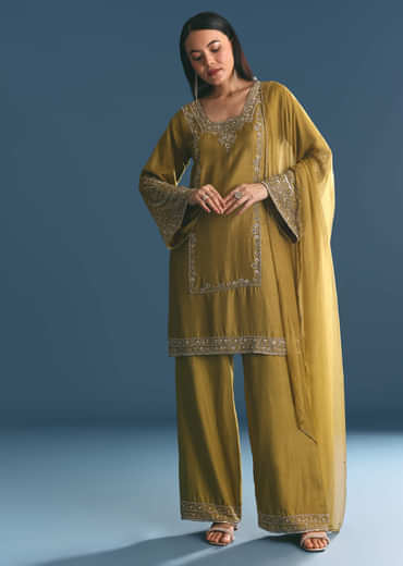 Mehendi Green Silk Sequin Kurta Palazzo Suit