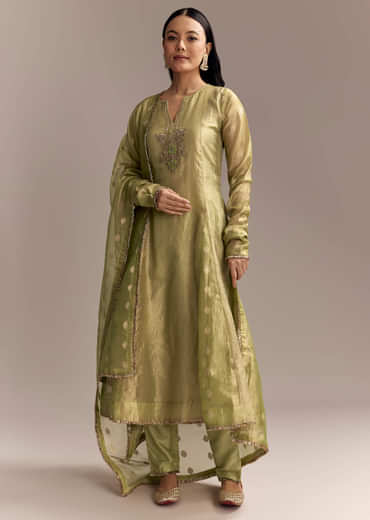 Mehendi Green Tissue Anarkali Suit With Zardosi Work