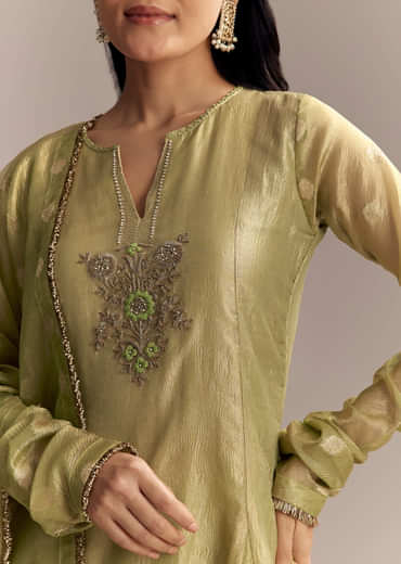 Mehendi Green Tissue Anarkali Suit With Zardosi Work