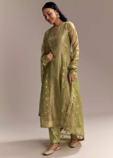 Mehendi Green Tissue Anarkali Suit With Zardosi Work
