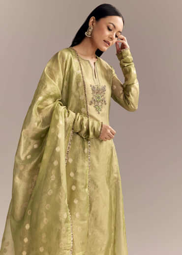 Mehendi Green Tissue Anarkali Suit With Zardosi Work