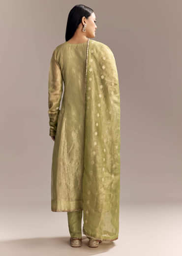 Mehendi Green Tissue Anarkali Suit With Zardosi Work