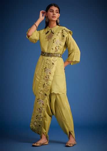 Mehendi Green Tissue Embroidered Dhoti Set