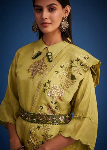 Mehendi Green Tissue Embroidered Dhoti Set