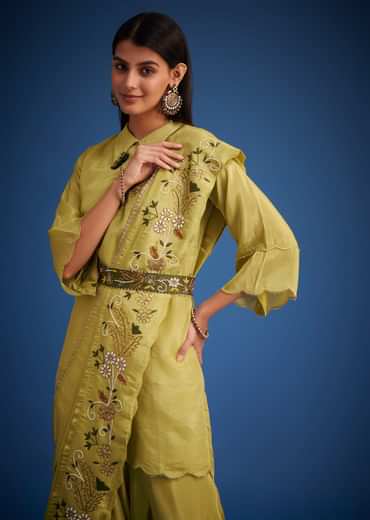 Mehendi Green Tissue Embroidered Dhoti Set