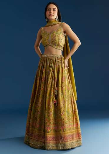 Mehendi Green Tissue Silk Lehenga With Zardosi Sequin Choli And Printed Dupatta