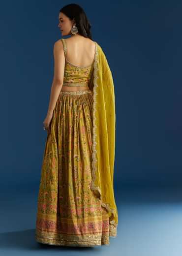 Mehendi Green Tissue Silk Lehenga With Zardosi Sequin Choli And Printed Dupatta