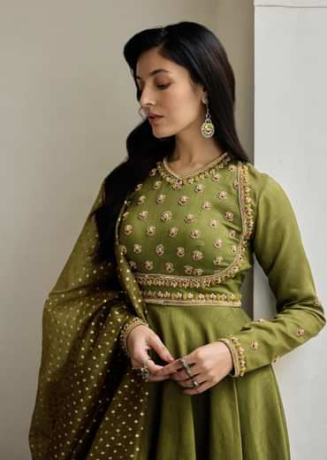 Mehendi Green Tussar Anarkali Suit With Cutdana Embroidery