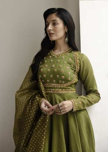 Mehendi Green Tussar Anarkali Suit With Cutdana Embroidery