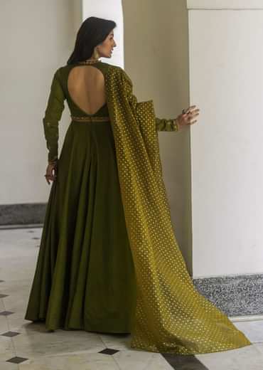 Mehendi Green Tussar Anarkali Suit With Cutdana Embroidery