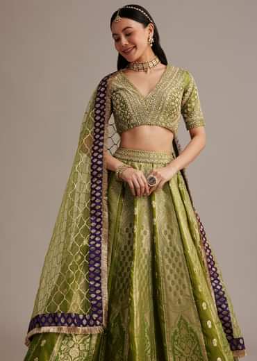 Mehendi Green Banarasi Silk Lehenga Set With Zardosi Work